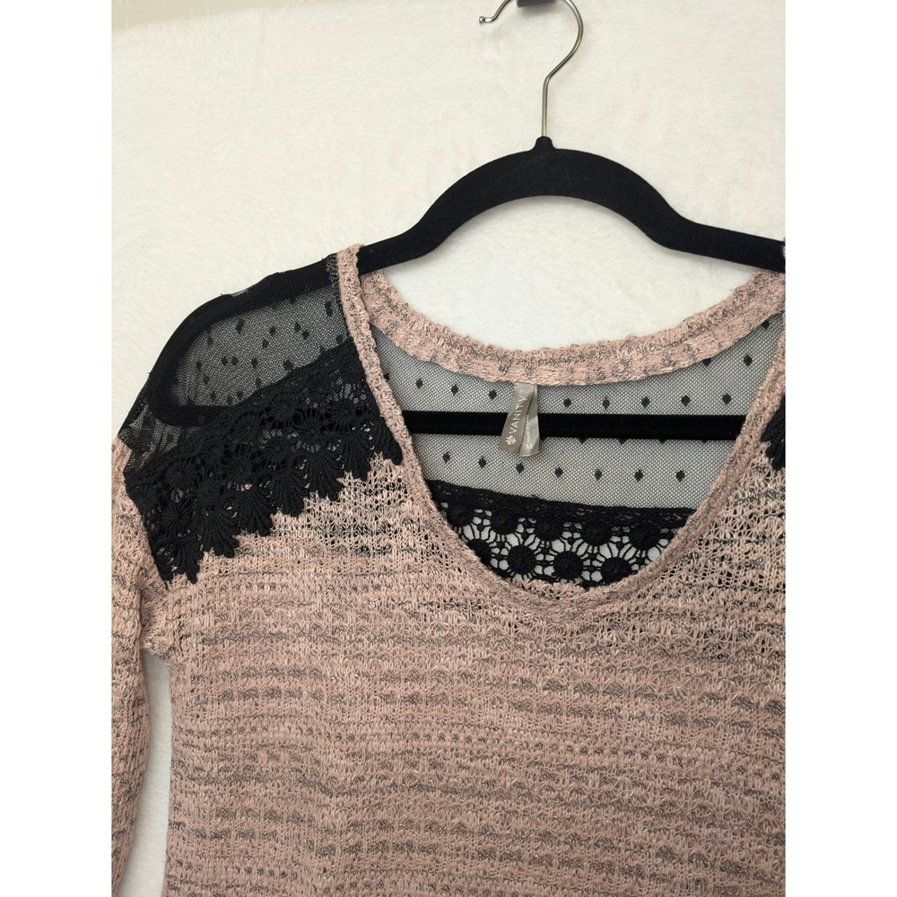 Vanity Medium Pink Knit High Low Lace Shoulder Top Women's Lightweight Tunic - Picture 9 of 9